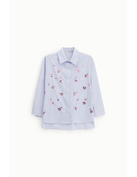 Camisa às riscas com flores bordadas e mangas 3/4 Please
