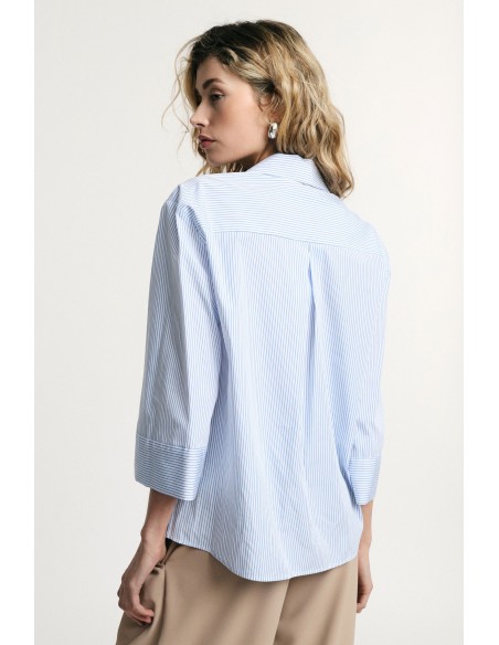 Camisa Riscada com Flores Bordadas e Mangas 3/4 Please
