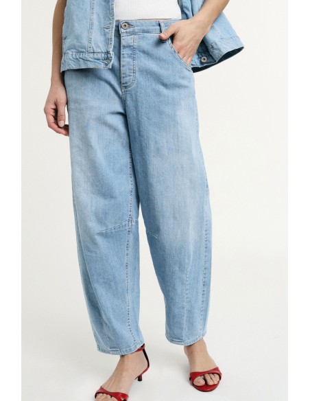 Jeans Balloon Fit Cintura Média Com Lavagem Clara Please