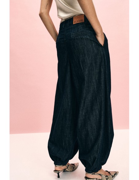 Jeans Escuros Balloon Fit com Bainha Elástica Please