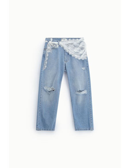 Jeans Mom-Fit Cintura Alta Rasgos E Renda Please