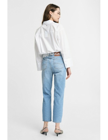 Jeans mom-fit de cintura alta com rasgos e renda Please