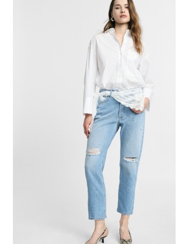 Jeans Mom-Fit Cintura Alta Rasgos e Renda Please