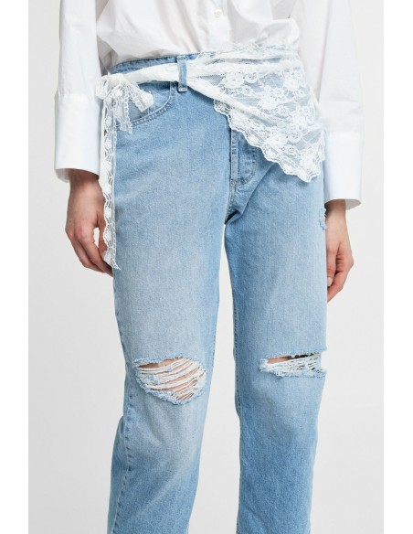 Jeans Mom-Fit Cintura Alta Rasgos e Renda Please