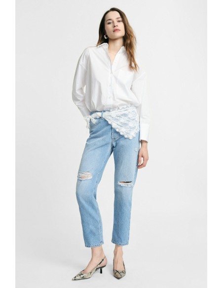 Jeans Mom-Fit Cintura Alta Rasgos e Renda Please