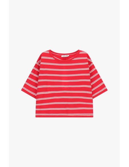 T-shirt às riscas, gola redonda, corte boxy Please