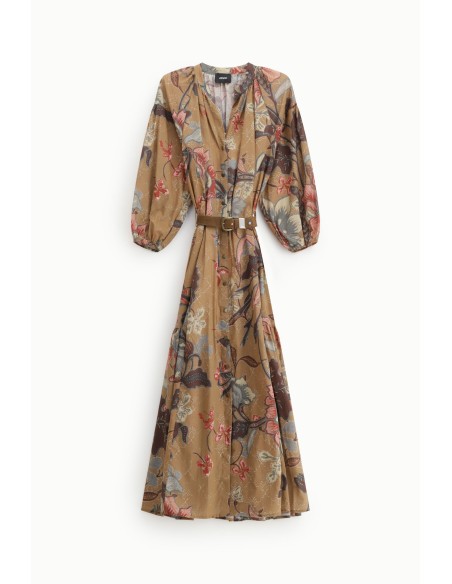 Vestido Longo Estampado com Botões e Cinto Dixie