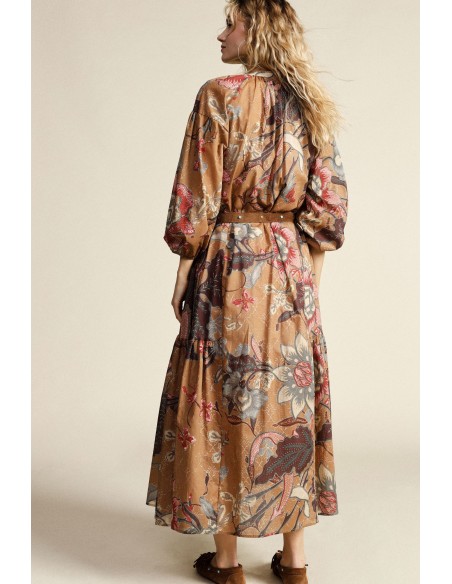 Vestido Longo Estampado Com Botões E Cinto Dixie