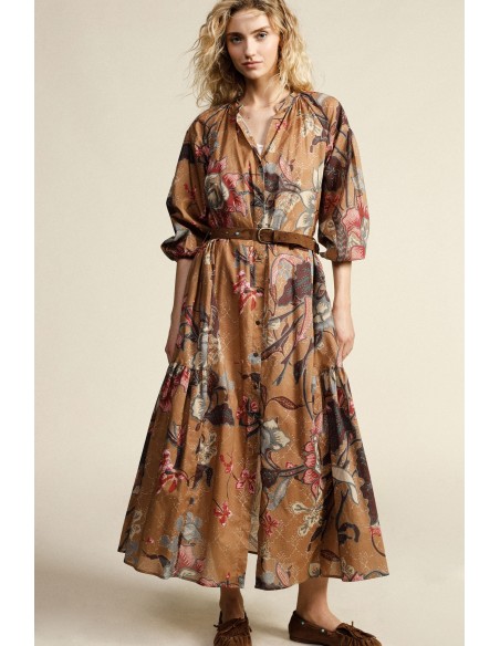 Vestido Longo Estampado Com Botões E Cinto Dixie