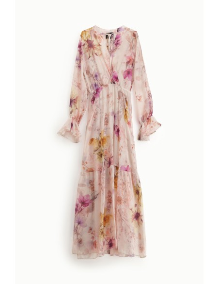 Vestido comprido floral com mangas de folho Dixie