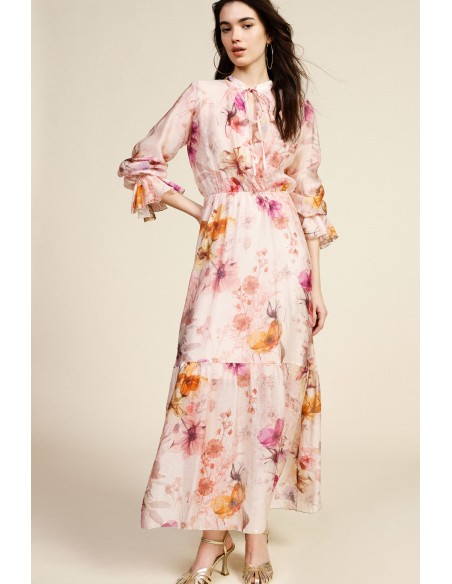 Vestido comprido floral com mangas com folhos Dixie