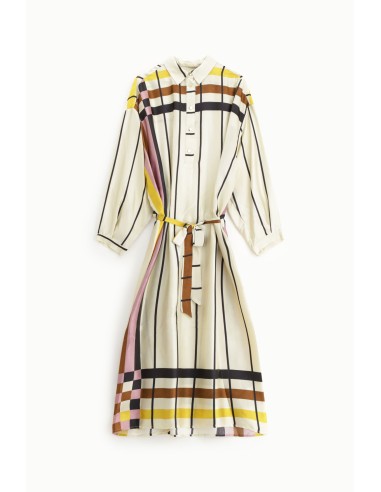 Vestido Midi às Riscas com Cinto e Gola Clássica Dixie