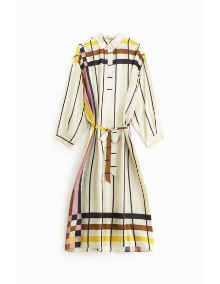 Vestido Midi às Riscas com Cinto e Gola Clássica Dixie