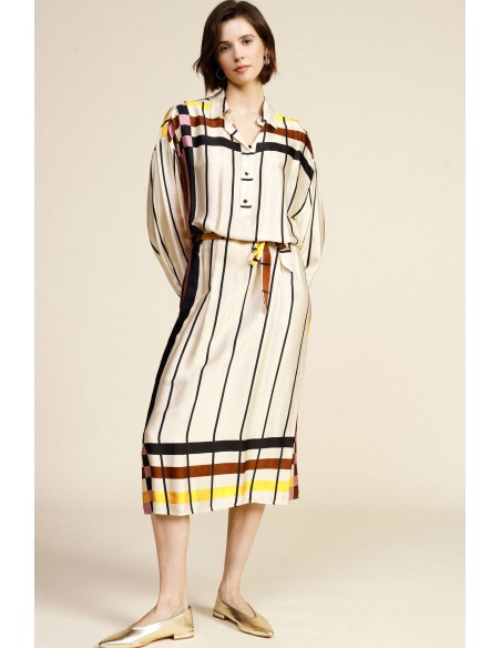 Vestido Midi Às Riscas Com Cinto E Gola Clássica Dixie