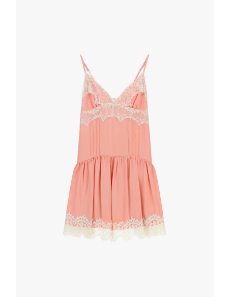 Vestido Curto com Alças Finas e Inserções em Renda Dixie