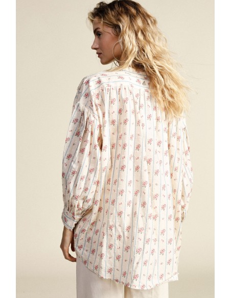 Camisa ampla floral com colarinho à coreana Dixie