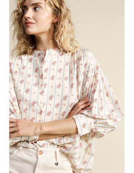 Camisa Ampla Floral Com Gola À Coreana Dixie
