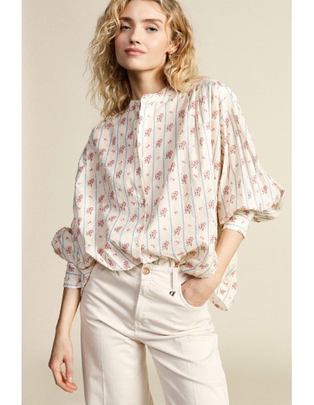 Camisa ampla estampada de flores com gola à coreana Dixie