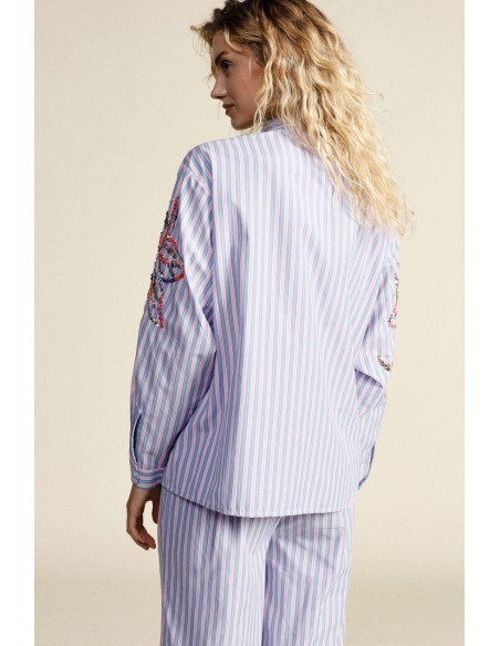 Camisa Às Riscas Com Bordados Florais E Mangas Compridas Dixie