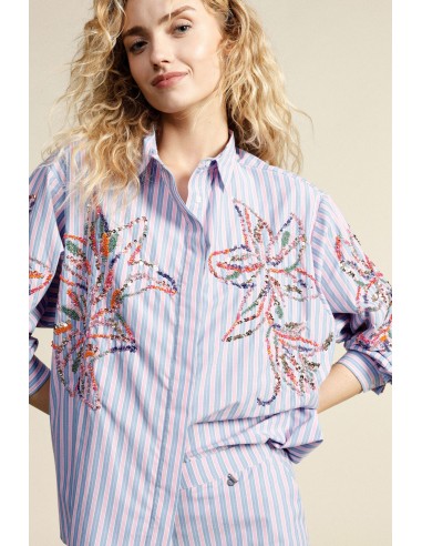 Camisa Às Riscas Com Bordados Florais E Mangas Compridas Dixie