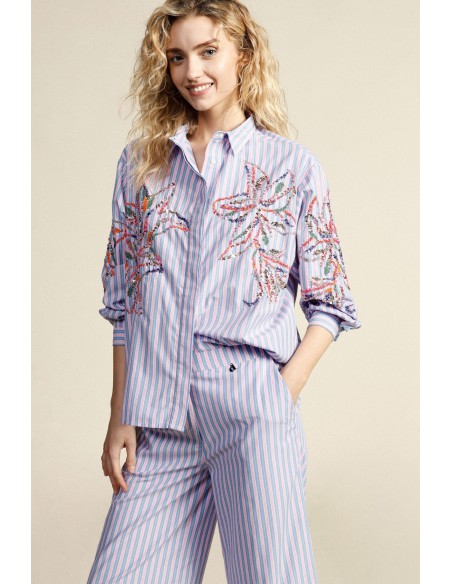 Camisa às riscas com bordados florais e mangas compridas Dixie
