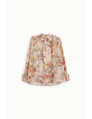 Camisa Estampa Floral, Gola com Laço, Mangas Compridas Dixie