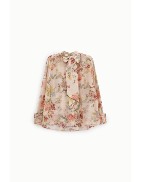 Camisa Estampa Floral, Gola com Laço, Mangas Compridas Dixie