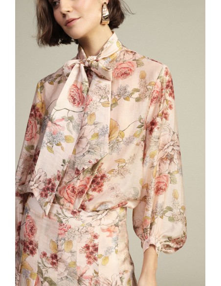 Camisa Estampada Floral, Gola com Laço, Mangas Compridas Dixie