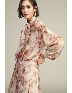 Camisa Estampa Floral, Gola com Laço, Mangas Compridas Dixie