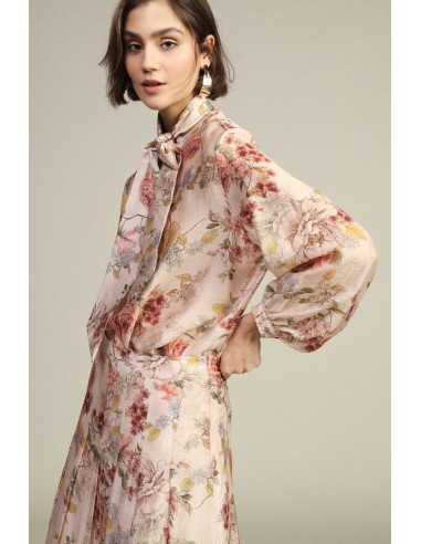 Camisa Estampa Floral, Gola com Laço, Mangas Compridas Dixie