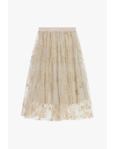 Saia Longa Bordada com Motivo Floral e Cintura Alta Dixie