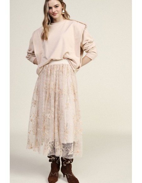 Saia Longa Bordada com Motivo Floral e Cintura Alta Dixie