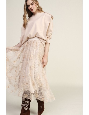 Saia Longa Bordada Com Motivo Floral E Cintura Alta Dixie