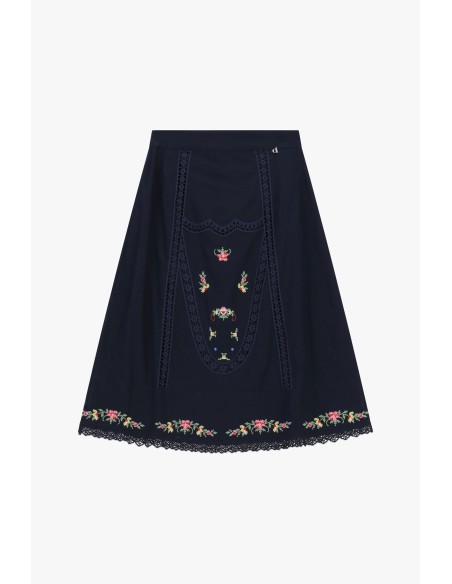 Saia midi com bordados florais e renda Dixie