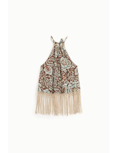 Top com decote halter, estampa floral e franjas longas Dixie 2