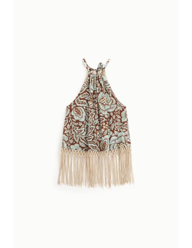 Top com decote americano, estampa floral e franjas longas Dixie