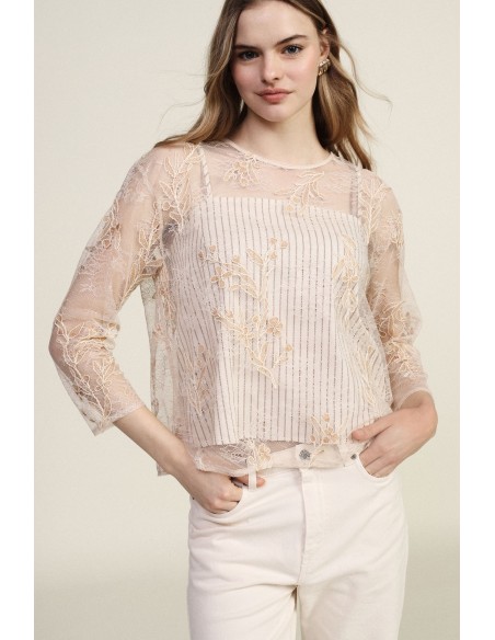 Top Com Bordado Floral E Mangas 3/4 Dixie