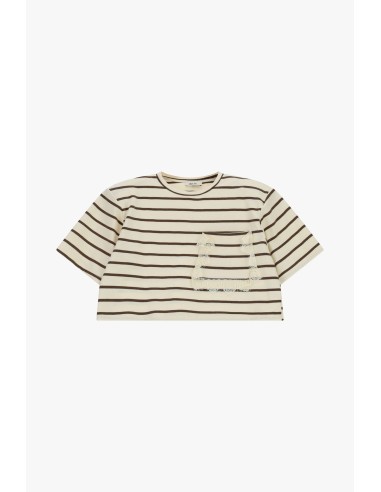 T-shirt às riscas cropped com bolso e barra desfiada Dixie
