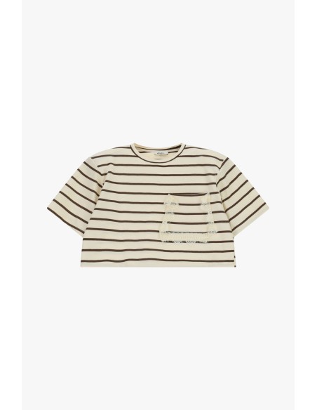 T-shirt às riscas cropped com bolso e barra desfiada Dixie