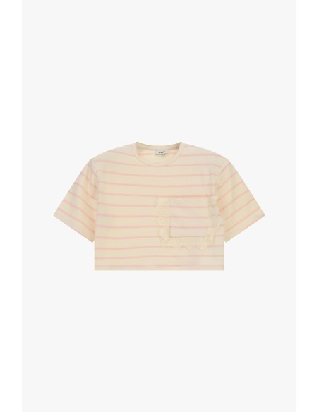 T-shirt às riscas cropped com bolso e barra desfiada Dixie
